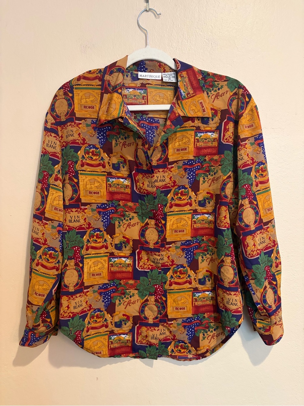 Vintage Martinique Wine Label Themed Button Up Shirt, Unisex size S, Grapes